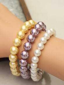 3 colores Elegante pulsera de perla de concha de estilo marinero | Pulsera elástica de cuentas redondas versátil y de moda | Simbolizando elegancia noble, amarillo, morado y blanco, regalo perfecto para mamá o novia en el Día de San Valentín, cumpleaños, hermosa pulsera para el Día de San Valentín, cumpleaños