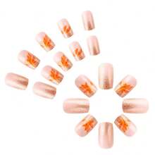 24 Pcs Fall Thanksgiving Orange Press On Nails Short Square - ZWENJIE Cute Glitter Fake Nails Press Ons Nail Art Tips With Autumn Leaves Lattice Design Full Cover Acrylic False Nails Glue On Nails Kit - Kiểu J08 - Xem 5