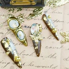 Handmade Shiny Gold Press On Nails - Original Design Luxury 3D Glitter Gold Leaf & Gemstone Long Stiletto False Nails, Reusable Artistic Nail Set For Women (10 Pcs)