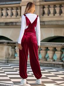 Women's Velvet Overall Jumpsuit Casual Loose Fit Overalls Adjustable Straps Dressy Romper Fall Outfits - 酒紅色 - 查看 2
