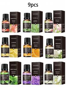 Conjunto de 9 óleos essenciais de aromaterapia, 8/4/2/1, 10 ml de óleos essenciais de rosa, baunilha, lavanda e outros, adequado para quarto, sala de estar, banheiro, hotel e outros espaços internos, óleos de fragrância à base de plantas de longa duração, óleos solúveis em água para difusores, ótimo presente para amigos, família, mulheres, mães, namoradas/namorados, feriados, Dia dos Namorados, Natal, itens essenciais de viagem