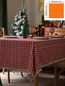 1pc European & American Style Christmas Red Plaid Floral & Pom Pom Print Elegant Rectangular Tablecloth, Suitable For Daily, Holidays, Family Gatherings, Birthday Parties, Dinner Parties, Dining Table Decor, Photography Background - Red - View 16