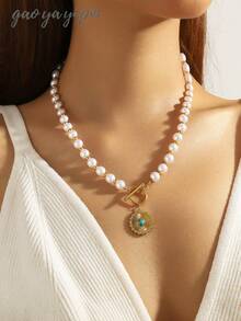 New Elegant Faux Pearl Beaded Turquoise Decor 18K Gold Stainless Steel Women Necklace, Lobster Clasp, Suitable For Valentine's Day, Mother's Day, Gift