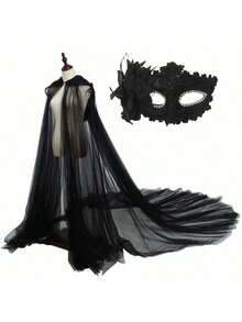 2 piezas/1 pieza Capa larga de malla gótica oscura con capucha de estilo europeo y americano de doble capa para celebración de Halloween, disfraz unisex de bruja; Combo de accesorios para fiesta de vacaciones. Capa larga de malla gótica oscura con capucha de doble capa, unisex. Nuevo conjunto de chal de unicolor retro con cordón y máscara de media cara, capa de novia vampiro