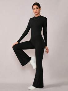 NcmRyu 1 Set Women's Seamless Stretchy Casual Cropped Long Sleeve Top And Long Pants Workout Sets - Black - View 8