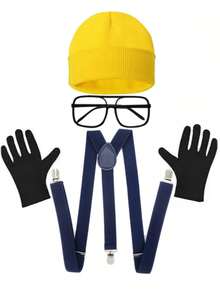 4件套D EXCEED黄色角色扮演服装配饰套装，男女通用——黄色针织帽、道具眼镜、Y型背带、手套——适用于复活节、万圣节庆祝活动、角色扮演派对、学校舞台表演、主题服装聚会 - 彩色 - 查看 3