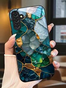 Blue, Green And Other Colored Stone - Pattern Fragments Spliced With Golden Lines High-Quality Tempered Glass Craftsmanship Phone Case. Suitable For Compatible With Samsung Galaxy S20/21/22/23/24/25 Ultra/FE+,S10/10E+,NOTE9.20,20ULTRA,A71/56/55/54/53/52/51/36/35/34/32/26/25/24/26/16/15/14/06/05/05S/03S, As Well As, Compatible With IPhone17,17Air,17pro,17pro Max,16, 15, 14, 13, 12, 11, PRO MAX, As Well As,PLUS,Is A Thoughtful Birthday Gift For Girlfriend, Boyfriend And Friends - 彩色 - 查看 1