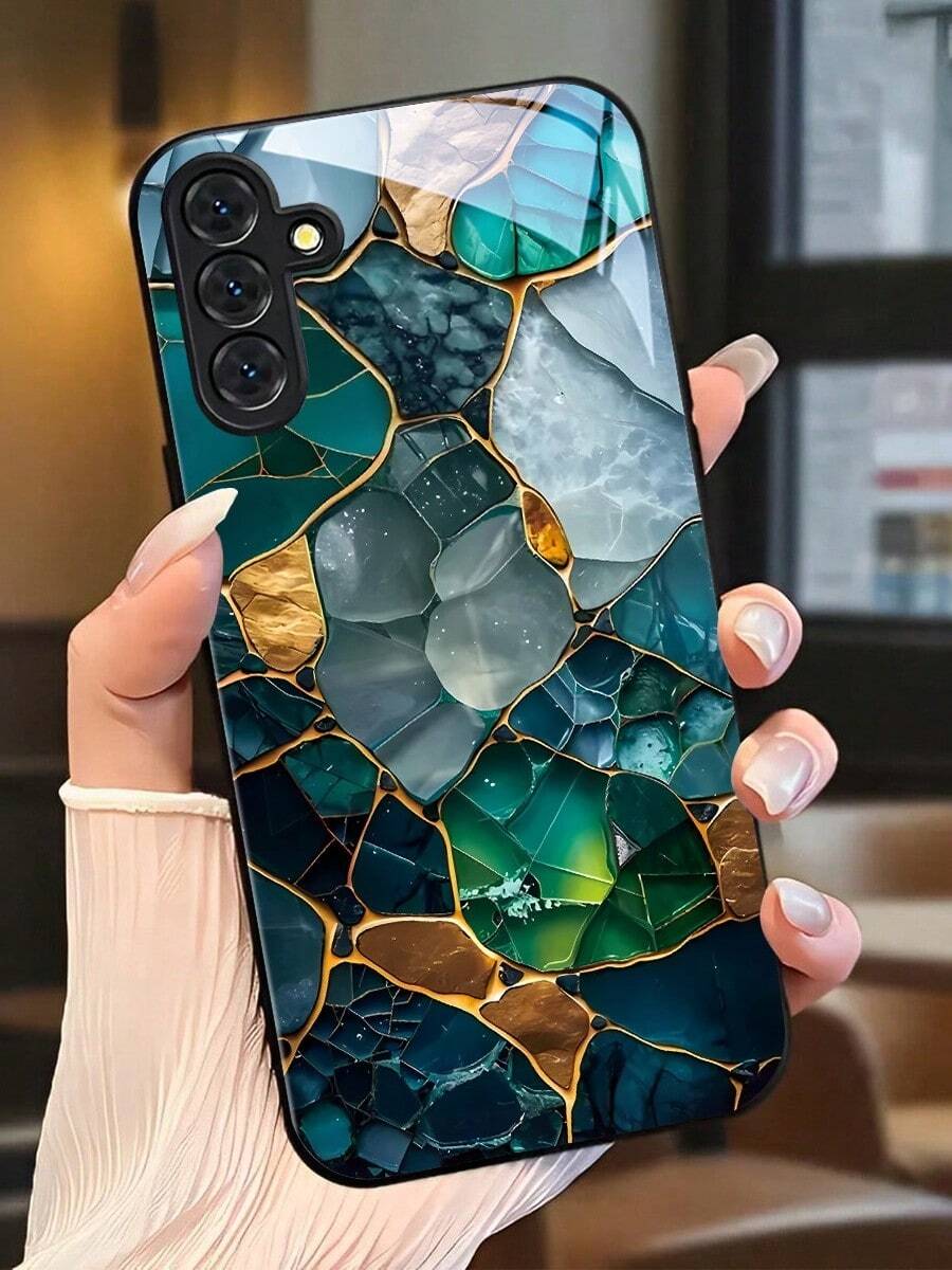Blue, Green And Other Colored Stone - Pattern Fragments Spliced With Golden Lines High-Quality Tempered Glass Craftsmanship Phone Case. Suitable For Compatible With Samsung Galaxy S20/21/22/23/24/25 Ultra/FE+,S10/10E+,NOTE9.20,20ULTRA,A71/56/55/54/53/52/51/36/35/34/32/26/25/24/26/16/15/14/06/05/05S/03S, As Well As, Compatible With IPhone17,17Air,17pro,17pro Max,16, 15, 14, 13, 12, 11, PRO MAX, As Well As,PLUS,Is A Thoughtful Birthday Gift For Girlfriend, Boyfriend And Friends - 彩色 - 查看 1