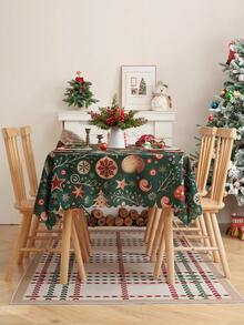 1pc Christmas Print Tablecloth With Embossed Edges, Decorative Dining Table Cover For Holiday Decor - Green Fantasy - View 4