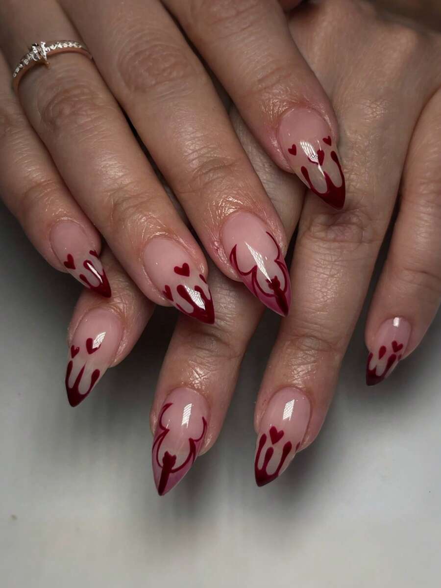 24片万圣节主题美甲贴纸,中号杏仁形,蝙蝠法式美甲装饰,心形图案,万圣节风格,光滑表面,全覆盖,适合女性和女孩。 - 彩色 - 查看 1