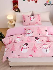 2/3pcs Pink Christmas Snowflake Gift Gingerbread Man Snowman Pattern Reversible Color Duvet Cover Bedding Set, Soft Breatheable Wrinkle-Free Better For Sleep, Luxury Hotel Style, Gift For Mom Dad Friend, Quilt Comforter Duvet Cover*1 Pillowcase*1/2 King Queen Full Twin Size.Gender Neutral Christmas Atmosphere