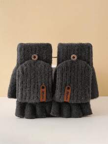 1 par de luvas de inverno, de lã, listradas, de cor sólida, de meio dedo, com aba, para homens e mulheres. Outono