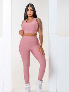 SHOWOFF Women's Gym Fitness Set - Sports Top + Thick High Waist Leggings With Super Elastane - 乾枯玫瑰色 - 查看 1