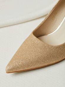 法国香槟金低跟新娘鞋，优雅舒适的新娘婚礼高跟鞋，圣诞节冬季圣诞礼物 - 香檳色 - 查看 4