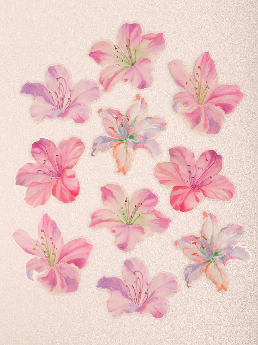 10pcs/Pack Large Size Crystal Ink Flower Stickers, PET Material, Decorative For Scrapbooking, Watercolor Plants - Multicolor - View 1