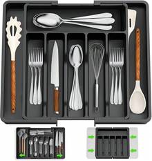 Organizador de cubiertos expandible  para cajón de cocina, bandeja con 8 divisores de plástico para artículos - Negro - Ver 4