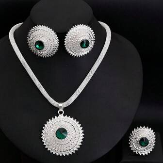Dubai Saudi Arabia Silver Classic Jewelry Set, Elegant Multi-Layer Jewelry For Women, Pendant Necklace Earrings Ring, Bride Wedding Jewelry Gift