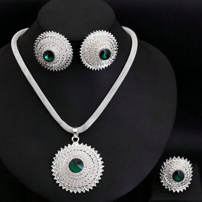 Conjunto de joias clássicas de prata Dubai Arábia Saudita, joias elegantes multicamadas para mulheres, colar com pingente, brincos e anel, joias para presente de casamento para noivas