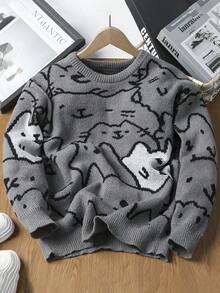 1 Áo len cổ tròn in hình mèo cho bé trai tuổi teen, áo chui đầu dài tay dáng rộng trễ vai, họa tiết khối màu xám đậm Academia Friends, áo len họa tiết, áo len họa tiết nam - Xám - Xem 1