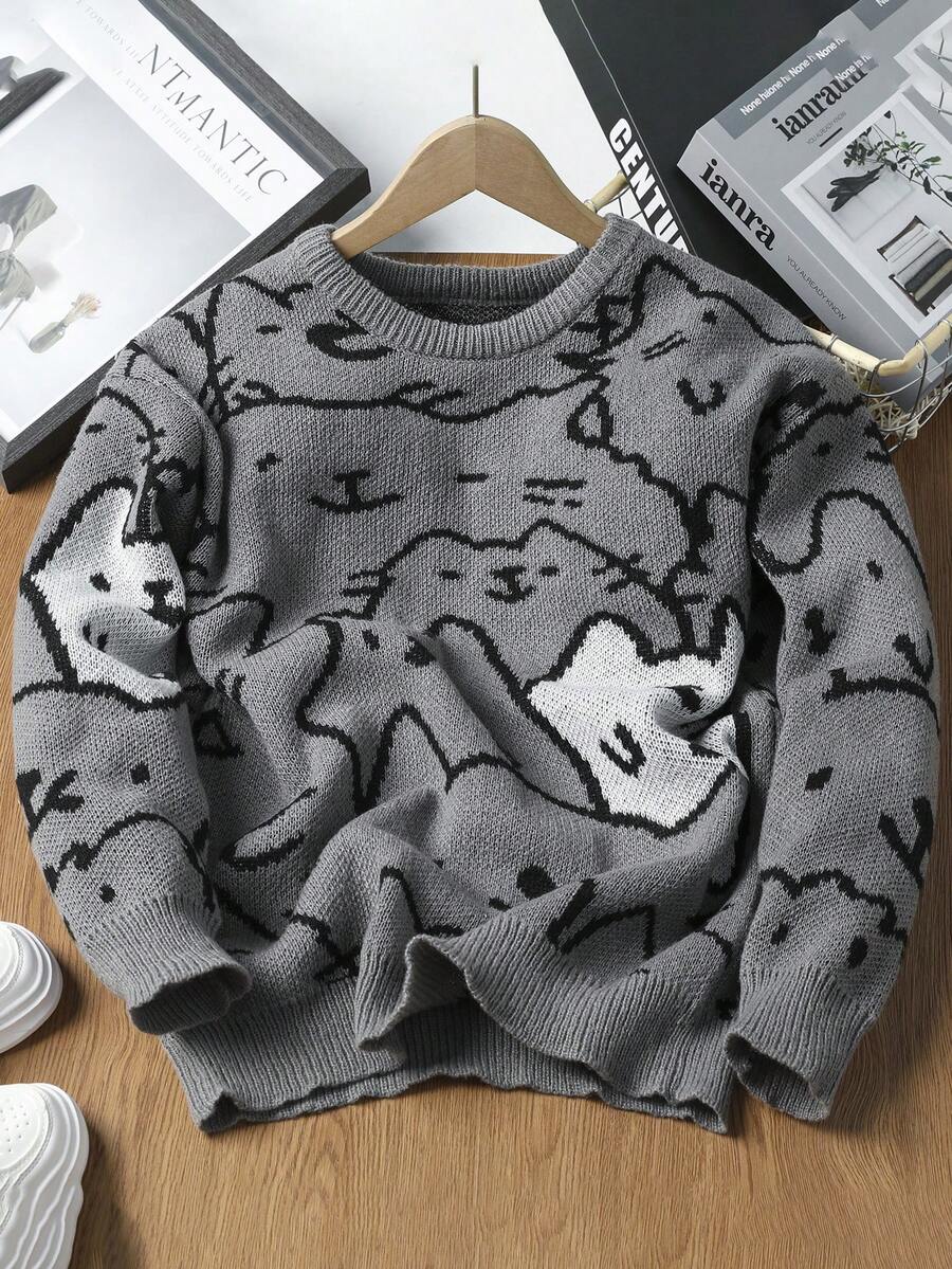 1 Áo len cổ tròn in hình mèo cho bé trai tuổi teen, áo chui đầu dài tay dáng rộng trễ vai, họa tiết khối màu xám đậm Academia Friends, áo len họa tiết, áo len họa tiết nam - Xám - Xem 1