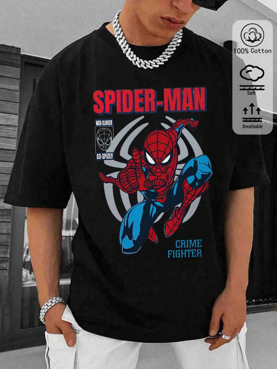 Cotton men's T-shirt with a cool Spider-Man pattern, a new spring/summer style for men who love sports and fashion, a fashionable, soft, breathable men's black short-sleeved top. - 黑色 - 查看 1