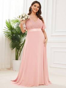 EVERPRETTY Plus Size Elegant V-Neck Ruched Bust Pink Bridesmaid Dress, Wedding Guest Formal Dress For Wedding Dinner, Birthday Party, Special Occasion Spring - Pink - View 6