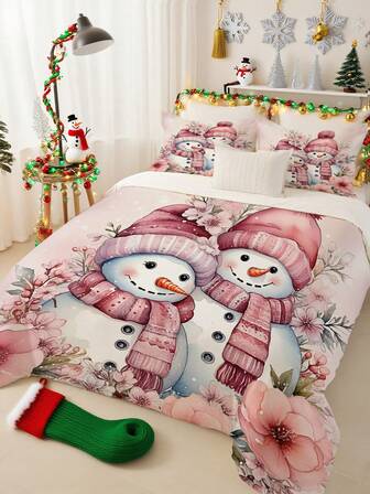3pcs Fairy Tale Of Pink Snow Country & Romantic Snowman Couple Printed Duvet Cover Set (1*Duvet Cover + 2*Pillowcase, Without Core), Christmas Theme, Soothing Visual Fatigue, Suitable For All Seasons, Suitable For Hotel, Bedroom, Guest Room And Dormitory Decoration Bedding
