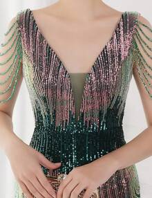 Women's Sequin Formal Evening Tassel Bead Sleeve Long Maxi Party Dress, Retro Glam Style RRV9 - Màu xanh lá cây rực rỡ - Xem 11