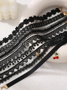 8pcs/Set Girls Black Satin Ribbon Cherry Woven Necklace Choker Jewelry Set, Suitable For Daily Decoration - Black - View 2