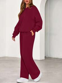Womens Sweatsuits 2 Piece Set Casual Winter Long Sleeve Hoodie Loose Wide Leg Sweatpants Fall Tracksuit Spring Fall Clothes For Women Valentine Vacation Outfits Women - 酒紅色 - 查看 3