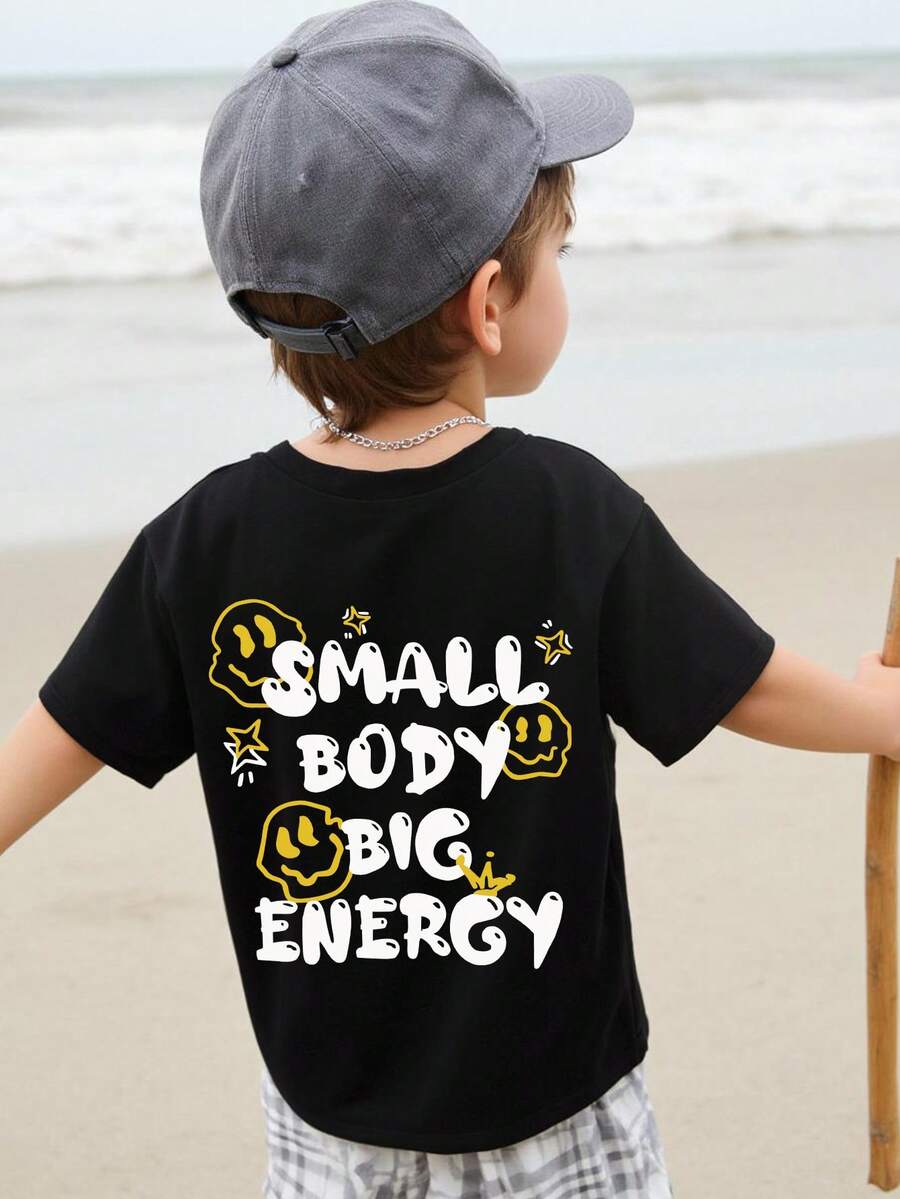 1pc Boys' Casual Letter Print Round Neck Short Sleeve T-Shirt, Summer - Black - View 1