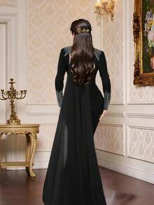 Elegant Women Sparkly Rhinestone Long Sleeve Dress Birthday Party - Black - View 2