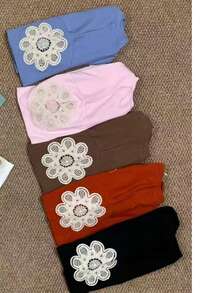 Basic T-Shirt With Flower Detail On The Sleeve, Summer - 藍色 - 查看 2