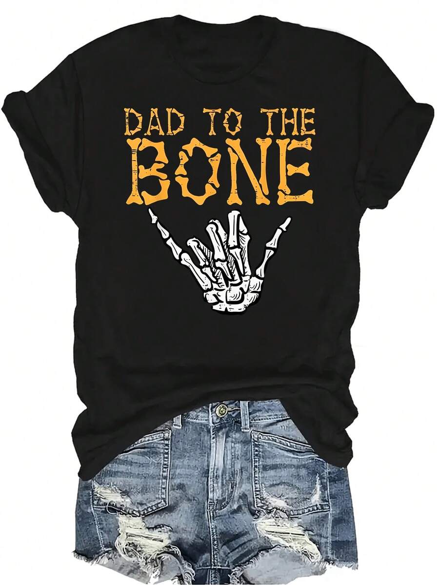 Camiseta de mujer con estampado de manos de hueso de papá para Halloween, de estilo casual y transpirable, de cuello redondo y manga corta, adecuada para adolescentes y adultos - Negro - Ver 1
