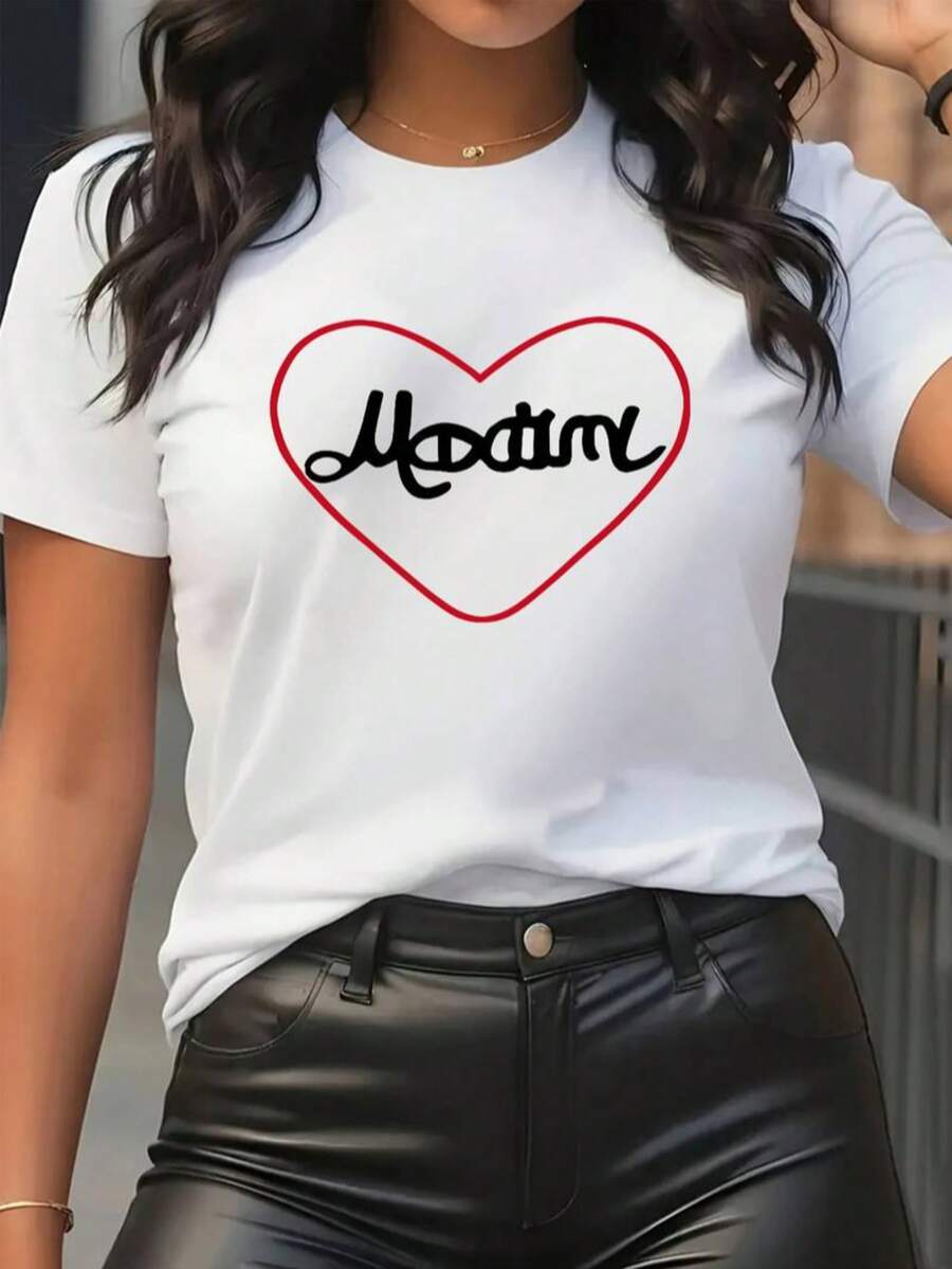 Playera camiseta básica mujer dama cuello redondo manga corta estampado GRAFICO DE CORAZONES BRILLANTE MADAME COLORES HEART GRAPHIC tela comoda transpirable suave uso diario - Blanco - Ver 1
