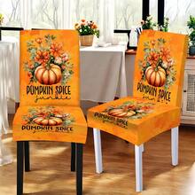 Set 4/6 huse de scaun moderne vintage cu imprimeu de frunze de arțar și dovleac - material elastic, lavabil la mașină, potrivit pentru decorul mesei de Ziua Recunoștinței - Multicolor - Vizualizare 4