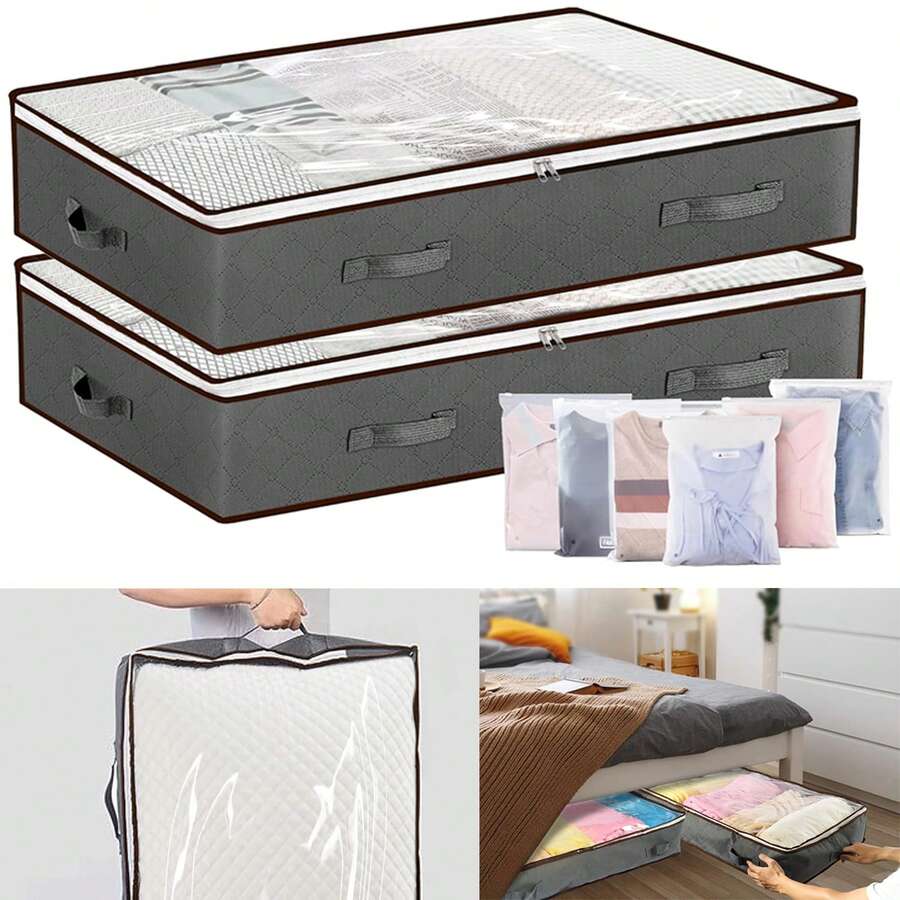 8件套（2个可折叠床下收纳袋，含6个衣物收纳袋）清晰的视觉设计，双金属拉链，床下收纳袋，带加固手柄，适用于衣物、被子、毛毯、床上用品