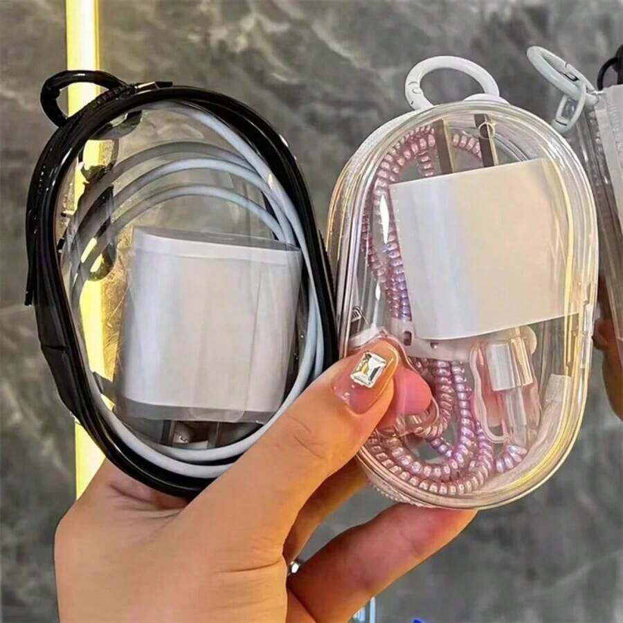 Portable Transparent Charging Storage Bag With Zipper Multifunctional Headphone Travel Accessories With Keychain - trắng - Xem 1