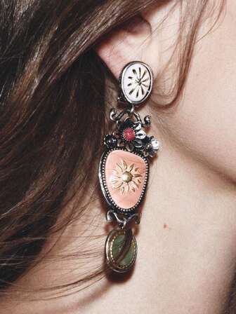 ZAA Art Vintage Alloy Enamel Flower Earrings, Elegant Evening Party Accessories For Women