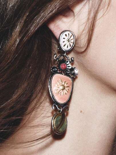 ZAA Art 复古合金珐琅花朵耳环，优雅晚宴派对配饰，女士