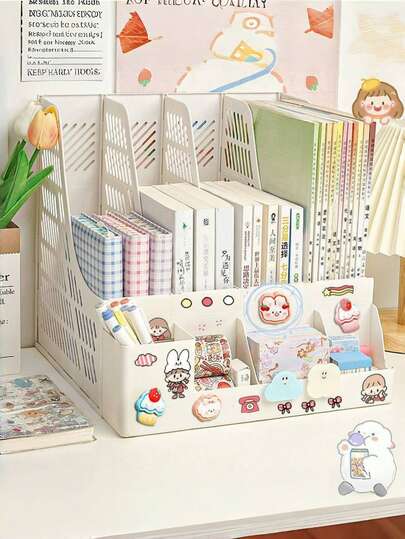 1pc Vertical Plastic File Organizer Rack, Desktop Storage Box, File Folder Set