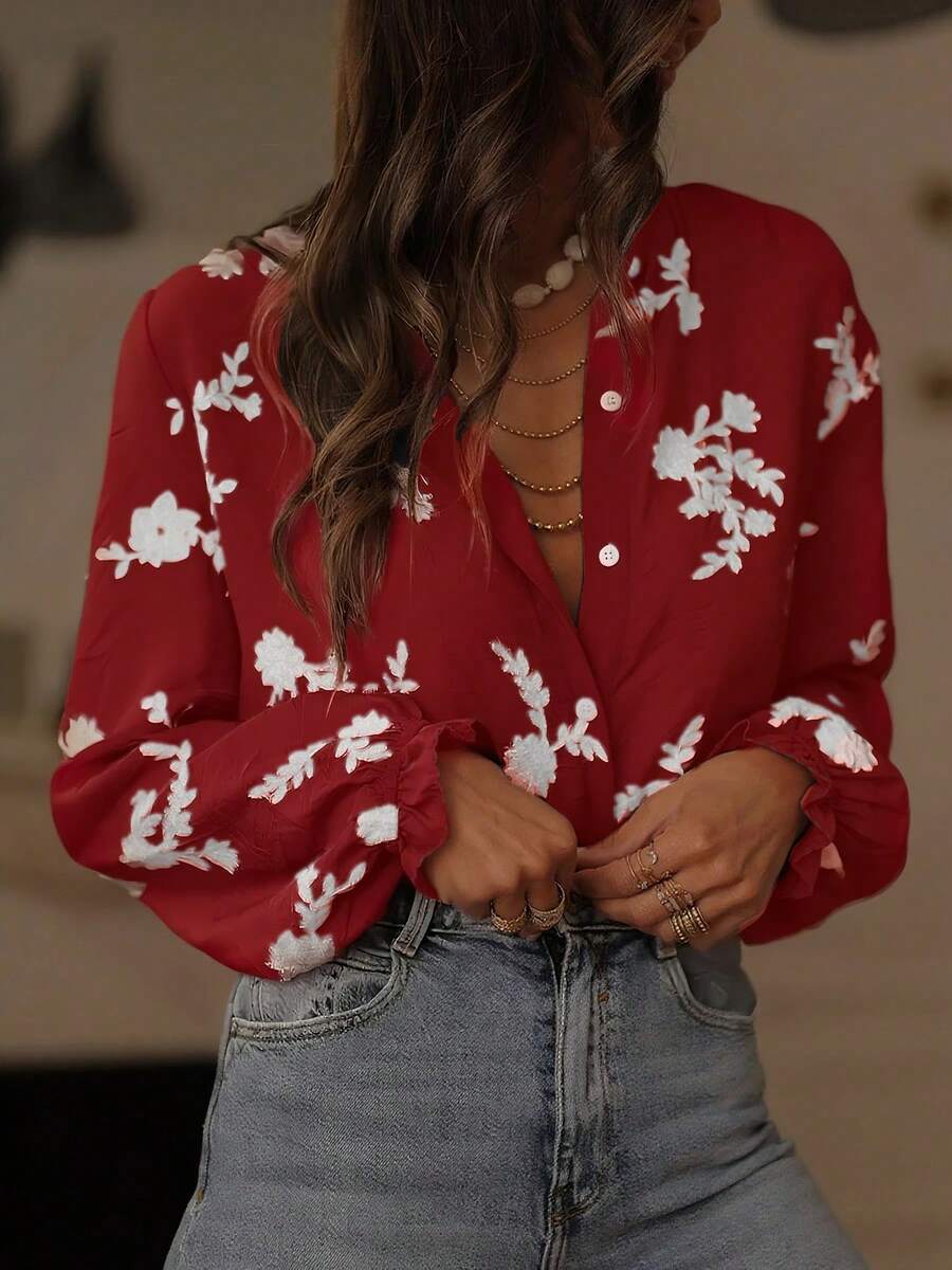 Áo cánh nữ thêu viền bèo nhún phong cách cổ điển bán chạy nhất, họa tiết hoa, họa tiết lá, trang trí thêu cúc thực vật, thường ngày - Đỏ - Xem 1
