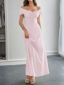 PoPoHouse 女士优雅连衣裙，纯色波西米亚度假风，低领露肩设计，后背系带细节，打造休闲宽松的沙滩裙造型，适合春夏及各种场合。 - 淺粉色 - 查看 5