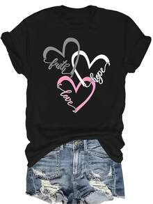 Camiseta con gráfico de corazón para mujer y unisex, de verano, casual, transpirable, de personalidad, cuello redondo, manga corta, ropa de calle, versátil, adecuada para adolescentes y adultos - Negro - Ver 1