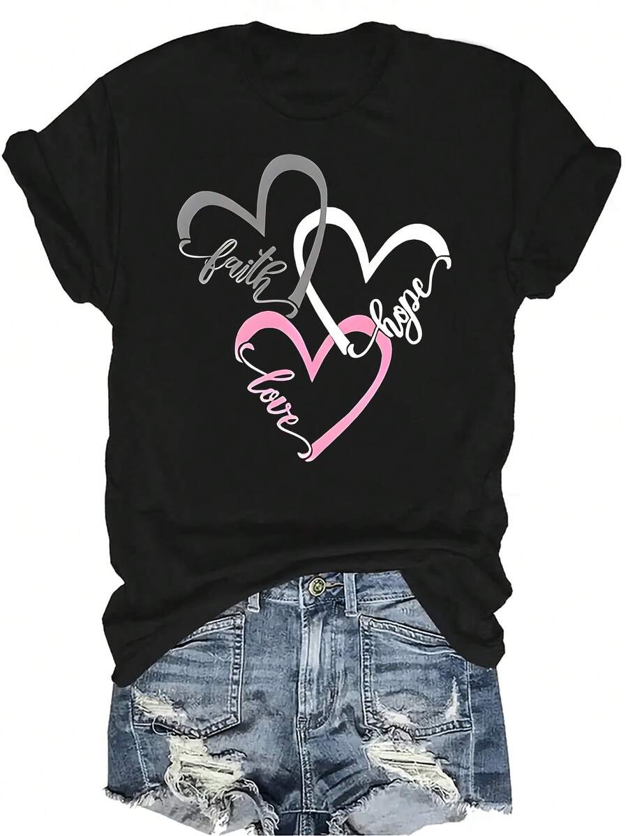 Camiseta con gráfico de corazón para mujer y unisex, de verano, casual, transpirable, de personalidad, cuello redondo, manga corta, ropa de calle, versátil, adecuada para adolescentes y adultos - Negro - Ver 1