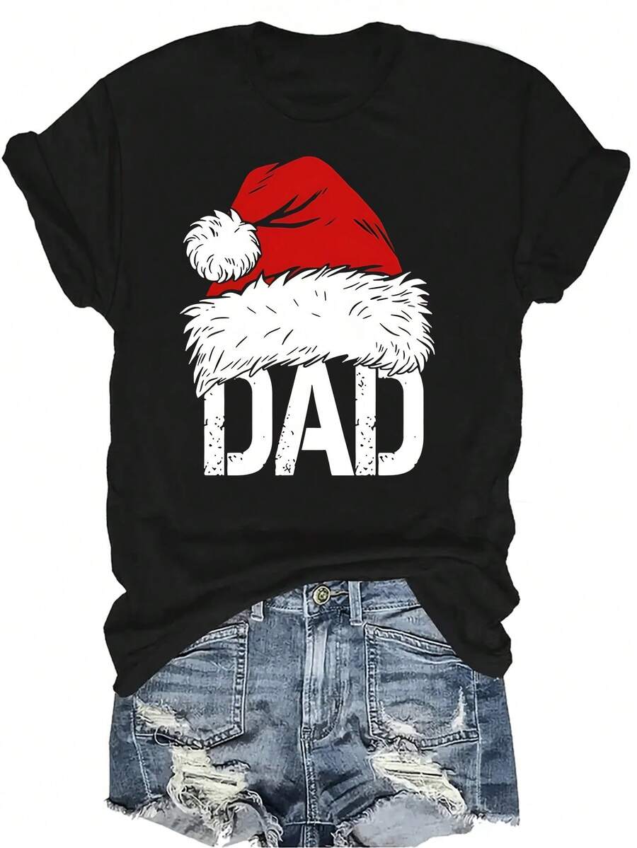 Camiseta navideña para miembros de la familia, unisex, de verano, casual, transpirable, de personalidad, cuello redondo, manga corta, camiseta urbana, versátil, adecuada para adolescentes y adultos - Negro - Ver 1