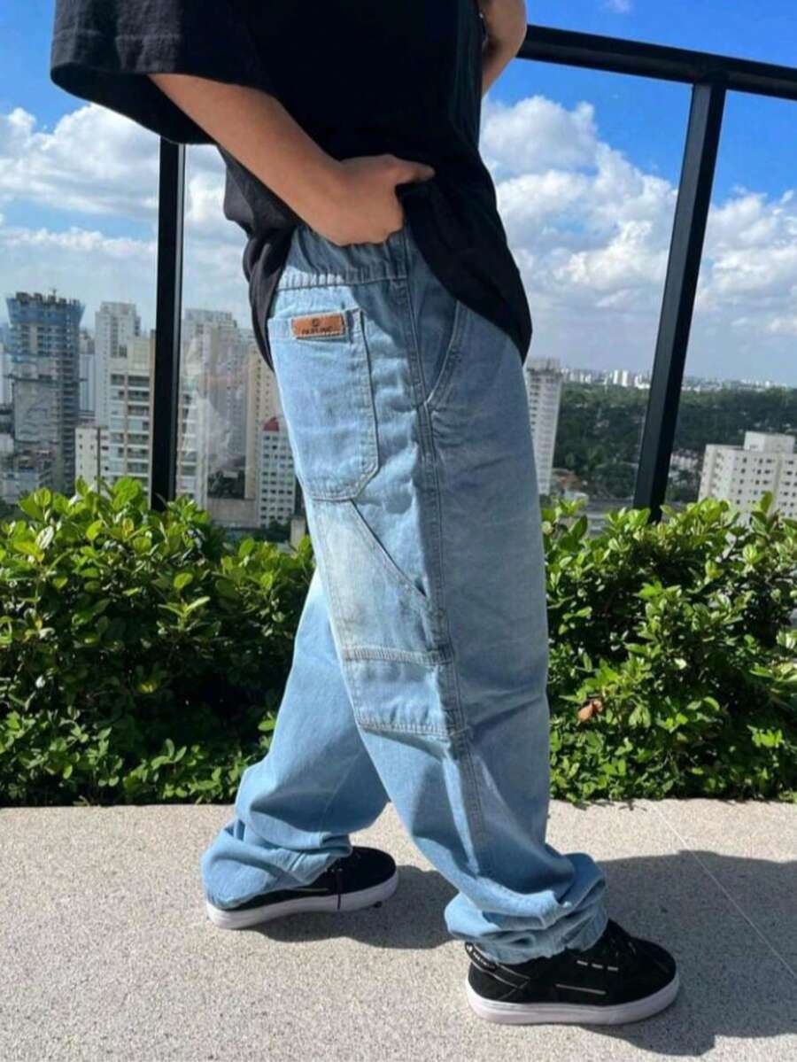 Carpenter Pants Plus Size Cargo Dazzling Balloon Jeans Men's Wide Leg Streetwear - 藍色 - 淺色 - 查看 1