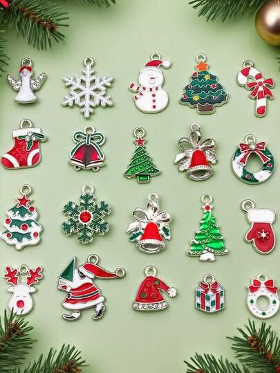 19pcs Random Mixed Alloy Enamel Christmas Series Pendant Jewelry Making DIY Keychain Earrings Pendant Jewelry Making Bracelet Necklace Various Design Pendant Amulet Crafts, Most Suitable For Christmas, DIY Necklace Charms, Bag Charms