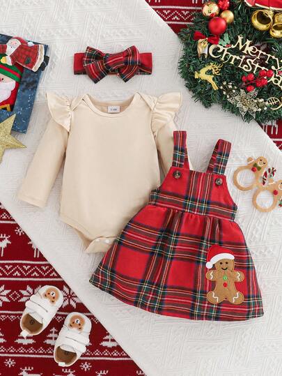 3件套女婴圣诞套装：杏色长袖连体衣、红色格子绒面连衣裙、发带