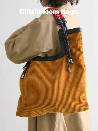 GlitchBloom Bags. New Korean & Japanese Style Corduroy Tote Bag, Reversible, Vintage, Large Capacity, Shoulder Bag, Braided Rope Strap, Commuter Bag, Handbag (No Accessories Included)